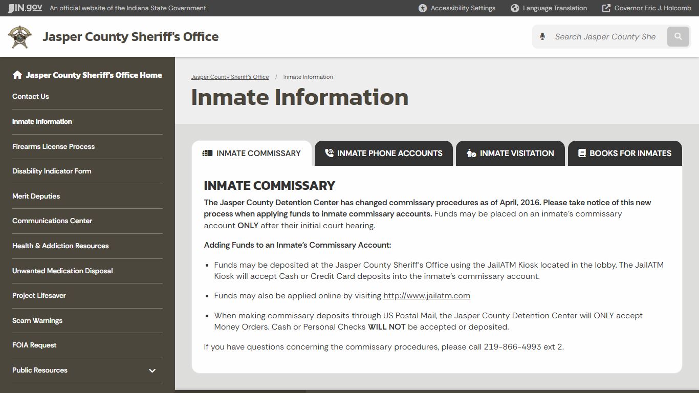 Jasper County Sheriff's Office: Inmate Information - IN.gov